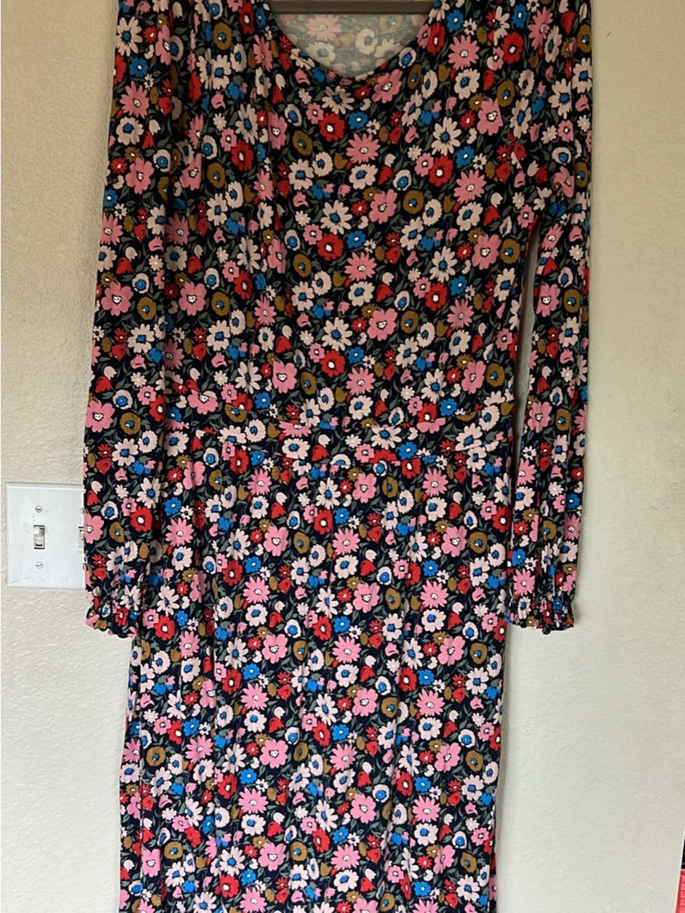 Boden Black Floral Long-Sleeve Midi Dress with Pink, Blue & White Flowers